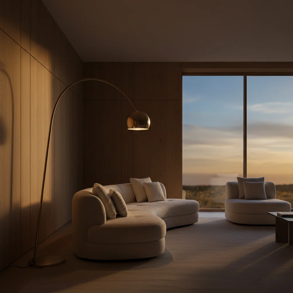 KRANZ Lounge mit Bouclé-Sofas und Bogenleuchte in der blauen Stunde
