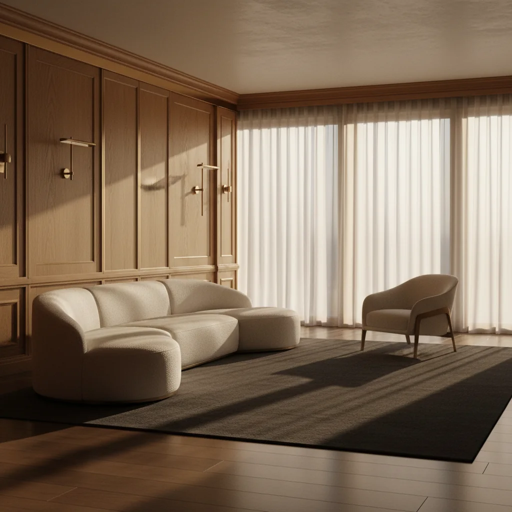 Lichtdurchfluteter KRANZ Wohnraum mit Eichenvertäfelung und Bouclé-Sofa